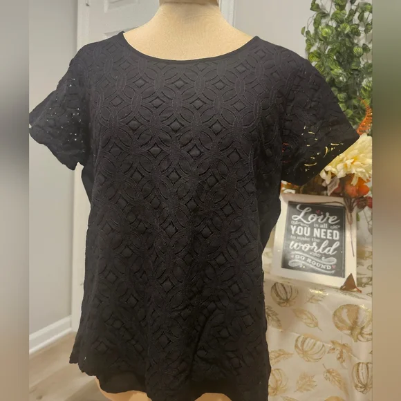 Market & Spruce Blouse Women's Large Lace Lined Short Sleeve Pullover Black Top - Picture 2 of 11